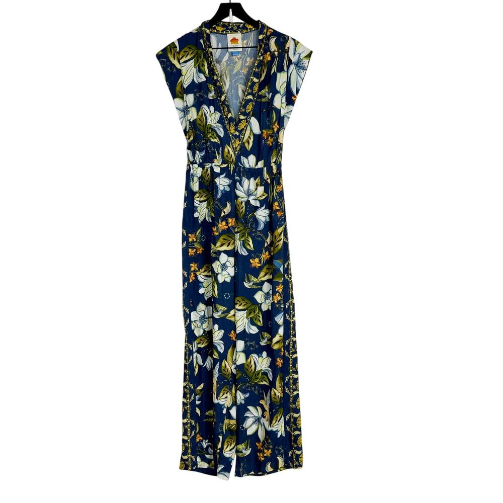 Farm Rio x Anthropologie Hummingbird Floral Jumpsuit Wide Leg Blue Yellow - S
